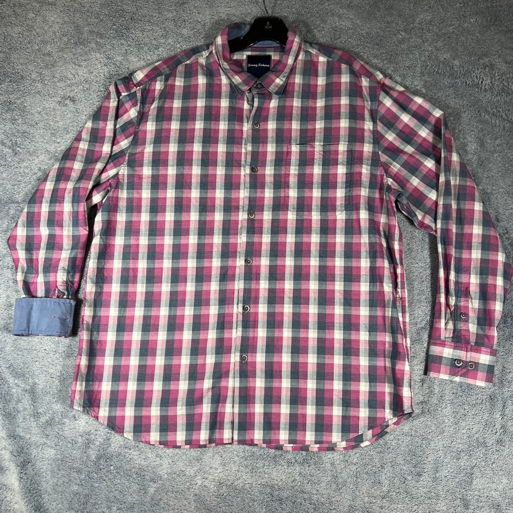Tommy Bahama Mens XL Pink Blue Plaid Cotton‎ Silk Blend Long Sleeve Button Shirt